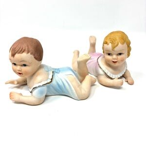 Vintage Bisque Porcelain Piano Baby Figurines Baby Boy Girl Collectible Decor